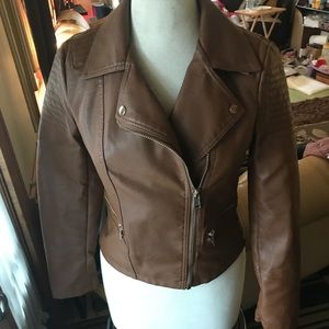 Camel Faux Leather Zip Jacket